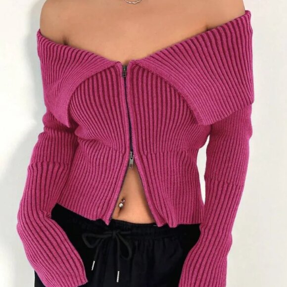 Womens Wild Fable Zip Off Shoulder Ribbed Knit Cropped Cardigan Fuchsia S/M/XXL - Picture 1 of 2